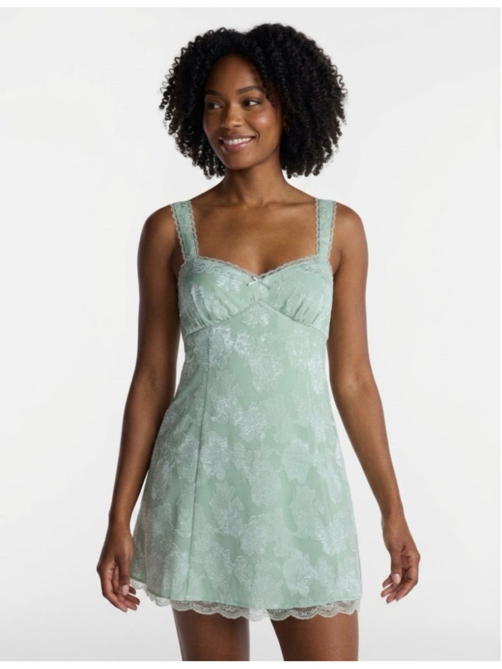 No Boundaries Light Sage Green Lace-Trim Mini Dress Size Large